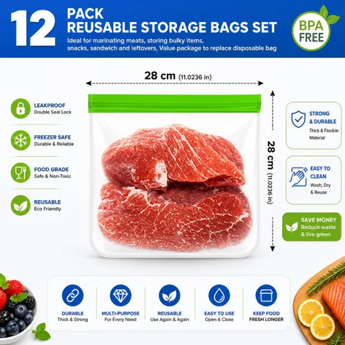 Miniatura 2 de Paquete de 10 bolsas extra gruesas de silicona reutilizables para almacenamiento de alimentos, 3 pequeñas, 4 medianas, 3 bolsas grandes con cierre