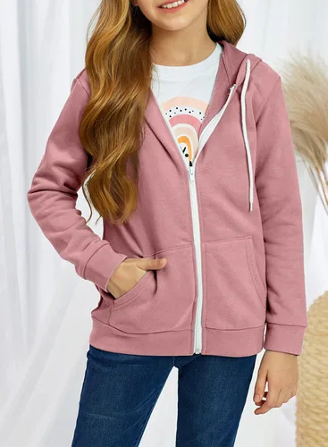 Miniatura 7 de Sidefeel Sudadera con capucha de manga larga con cremallera para niñas, abrigo casual con bolsillos 4Y-13Y