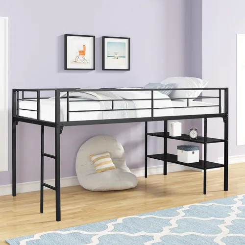 Miniatura 3 de Cama baja de metal individual con estantes de almacenamiento y escalera, litera flotante para niños, ahorro de espacio, no necesita somier, fácil