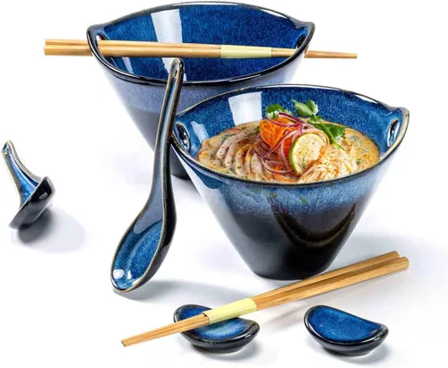 Miniatura 10 de Henten Home Juego de 2 cuencos de ramen de 20 onzas, cuencos de cerámica japoneses para fideos, cuencos profundos de porcelana con palillos