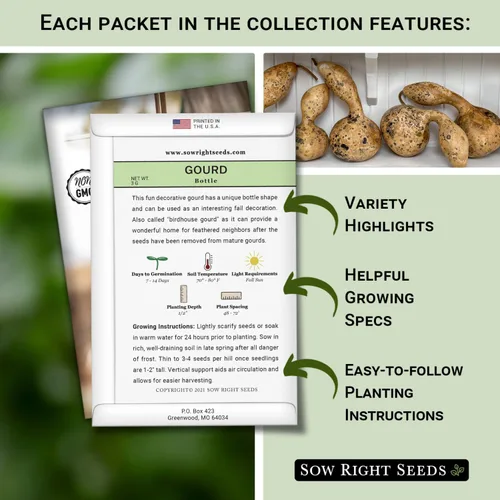 Miniatura 2 de Sow Right Seeds - Colección de semillas de calabaza para plantar - Paquetes de calabazas decorativas, Luffa, Dipper y botella - Cultiva tus propias