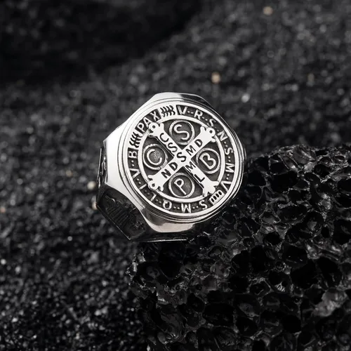 Miniatura 3 de SOBHART St Christopher George Benedict - Anillo de amuleto religioso de acero inoxidable para hombre, tamaño 8910111213