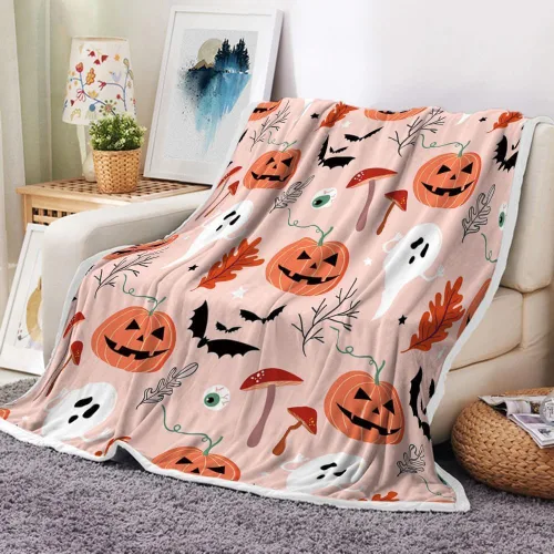Miniatura 4 de JAWO Manta de Halloween con diseño de fantasma de calabaza rosa, cálida y cómoda, divertida manta de franela de hongos, sala de estar, decoración