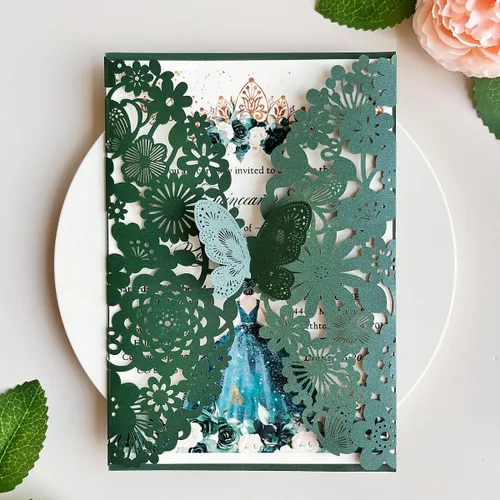 Miniatura 14 de Hosmsua 50 invitaciones de quinceañera de mariposa azul rey y sobre de 5.12 x 7.3 pulgadas, corte láser, flora de encaje, invitación de quinceañera