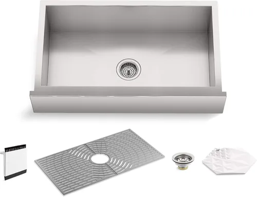 Sterling K-20243-PC-NA Ludington - Fregadero de cocina de 34 pulgadas con montaje inferior con accesorios, lavabo frontal de delantal, acero