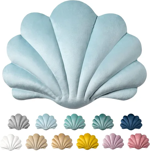 Ashler - Almohadas 3D con forma de concha, cojín de terciopelo suave incluido para sofá, cama, sala de estar, paquete de 1, azul claro, 14 x 11