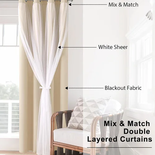 Miniatura 5 de Hiasan Cortinas opacas con superposición transparente, aislamiento térmico para mezclar y combinar de doble capa, cortinas de oscurecimiento de Beige
