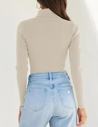 Miniatura 4 de ZESICA Camisas de manga larga de cuello alto para mujer, camisetas básicas de otoño, suéter de punto acanalado ajustado