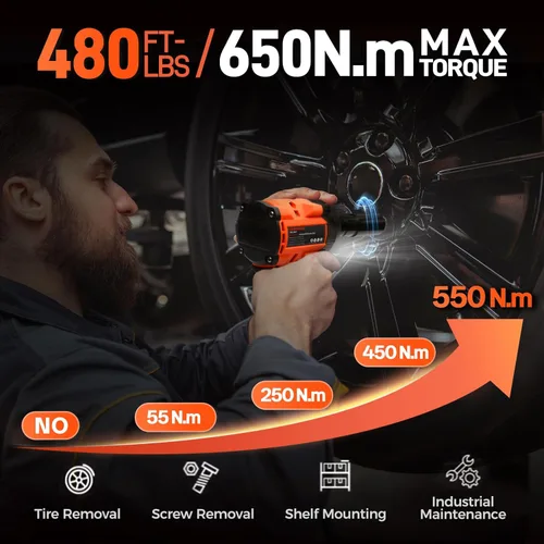 Miniatura 3 de COMOWARE Llave de impacto inalámbrica de 650N.m (480 ft-lb), pistola de impacto de alto par sin escobillas de 1/2 pulgada, batería de 20 V 4.0 Ah