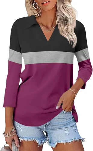 Miniatura 13 de TICTICMISS - Camisas polo de cuello en V para mujer, manga 3/4, con cuello, tops casuales de negocios, tops de verano a la moda, holgados