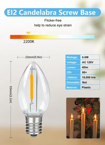 Miniatura 2 de Paquete de 25 bombillas LED de luz nocturna, bombillas LED de repuesto C7 irrompibles para luces de cadena, bombillas para lámpara de sal base E12