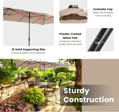 Miniatura 6 de Tangkula Sombrilla de patio de doble cara de 15 pies con manivela, parte superior ventilada, sombrilla rectangular grande para exteriores con Café