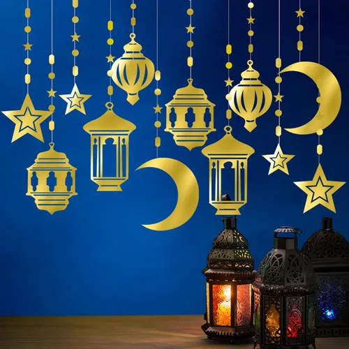 Miniatura 3 de Guirnalda dorada de Ramadán con decoración de fiesta de estrellas y luna, 12 piezas de decoración colgante de estrella, serpentinas, farol