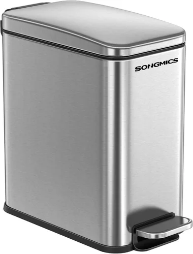 SONGMICS Basurero de baño, 1.3 galones (5 L) bote de basura pequeño con tapa, delgado para espacios pequeños, cubo de basura de acero inoxidable,