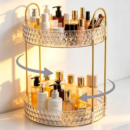 Miniatura 2 de Estante de almacenamiento acrílico giratorio de 360°, organizador de maquillaje de gran capacidad de 2 niveles para encimera de baño y tocador