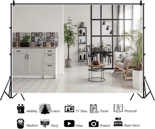 Miniatura 2 de Fondo de fotografía moderno y acogedor para sala de estar, de 5 x 3 pies, sofá limpio y ordenado, fondo de cocina abierta, trabajo en casa