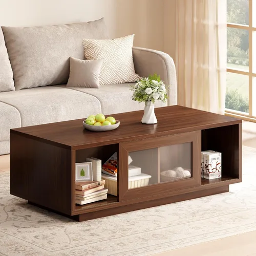 Miniatura 11 de HSH Mesa auxiliar negra para sala de estar, mesas de centro rectangulares de madera moderna de 47 pulgadas con puerta corredera y estante abierto