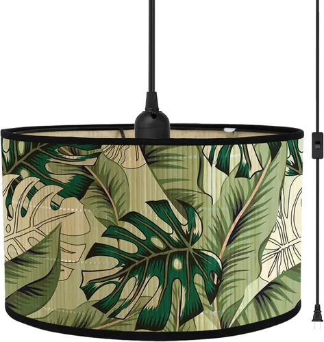 Miniatura 9 de Bioaqua - Sombra de lámpara de bambú, luces colgantes con cable enchufable (15 pies), lámpara colgante con patrón, luces colgantes boho para Lámpara