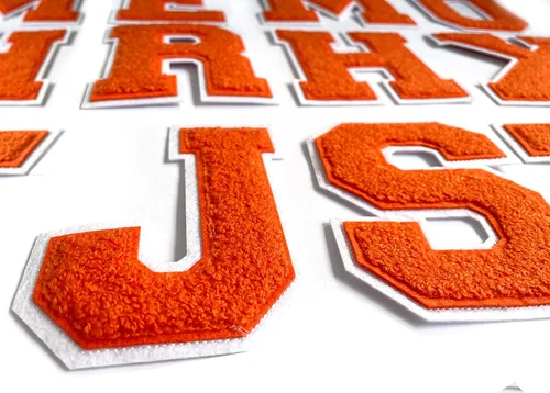 Miniatura 2 de Parche de letras de felpilla naranja de 4.5 pulgadas, alfabeto universitario para planchar y coser para chaquetas, sudaderas, camisetas, jeans