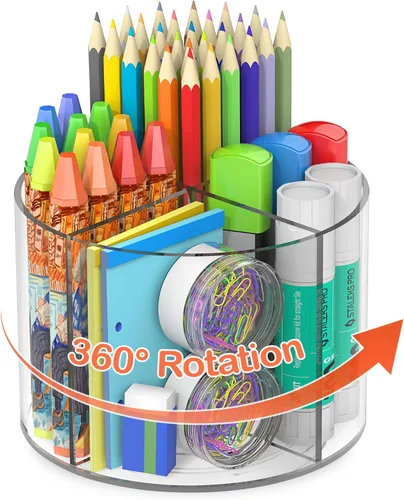 Mefirt Soporte acrílico para bolígrafos, organizador de marcadores de 360 grados para escritorio, almacenamiento de escritorio giratorio con 4