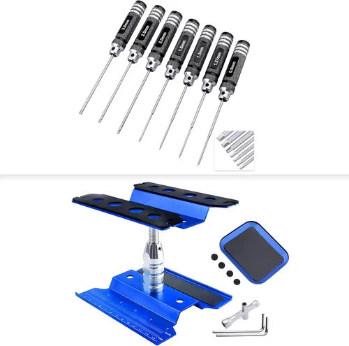 Soporte de trabajo de aluminio para automóvil a control remoto con bandeja de tornillos y juego de destornilladores hexagonales RC (7 piezas) para