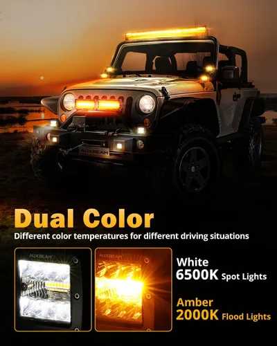 Miniatura 5 de Auxbeam Cubo luz LED ámbar de 3 pulgadas, 72 W todoterreno, 6 modos dos colores, estroboscópica antiniebla de conducción penetración e inundación