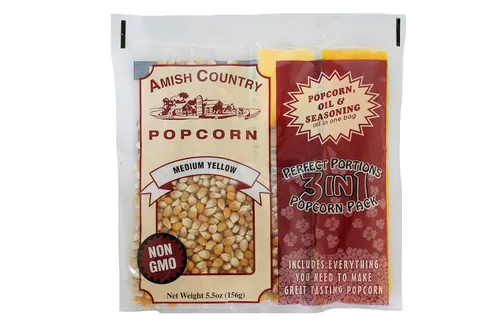 Amish Country Popcorn Paquetes de palomitas de maíz de grano amarillo medio todo en uno, medidos previamente para máquinas de palomitas de maíz e