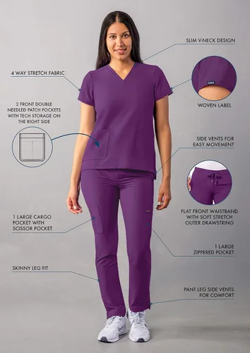 Miniatura 3 de Adar - Uniforme tipo filipina, con camisa de cuello en V y pantalones con bolsillos tipo cargo, para mujer