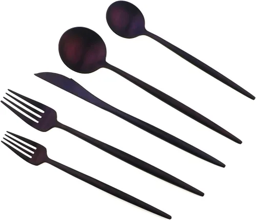 Miniatura 9 de Juego de cubiertos de 5 piezas, color negro mate, juegos de cubiertos de acero inoxidable 18/10, incluye cuchara tenedor y cuchillo con cuchara