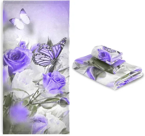 Miniatura 6 de ALAZA Juego de 3 toallas de baño de flores de iris de mariposa morada, 1 toalla de baño, 1 toalla de mano, 1 toallita decorativa, suave, de lujo