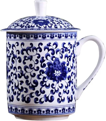 123Arts Taza de café de cerámica Retro azul y blanco taza de té taza de agua taza de leche con tapa