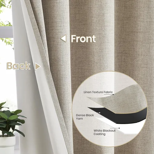 Miniatura 2 de Cortinas opacas de lino beige Melodieux de 63 pulgadas de largo para dormitorio, sala de estar, 100% cortinas con ojales para bloquear la luz