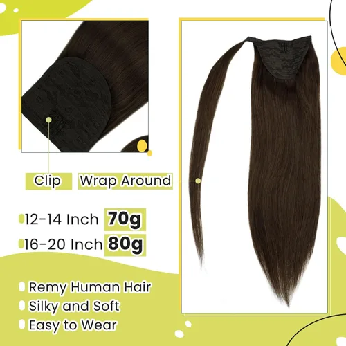 Miniatura 3 de RUNATURE - Extensión de cola de caballo de cabello humano con pinzas y cinta mágica, extensiones de cabello corto lacio y grueso, color castaño, 12