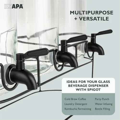 Miniatura 3 de Ilyapa Dispensador de bebidas de vidrio para fiestas - paquete de 3, dispensador triple de bebidas múltiples de 1 galón con soporte, tapas de madera