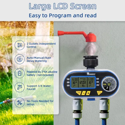 Miniatura 5 de Temporizador de rociador para manguera de jardín, temporizador de manguera programable con retardo de lluvia/manual/2 válvulas solenoides sistema