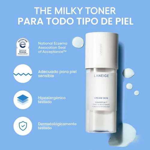Miniatura 3 de LANEIGE Tónico e hidratante para la piel en crema: Tóner lechoso coreano ligero y recargable con ceramida y péptido para hidratación, reafirmación