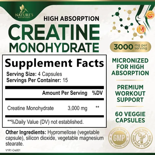Miniatura 2 de Monohidrato de creatina 3000 mg por porción - Cápsulas de creatina en polvo micronizado - Apoya el músculo magro, la fuerza, la energía