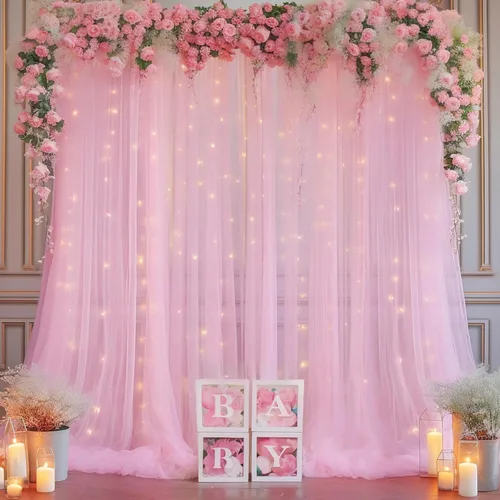 Miniatura 46 de Cortina de telón de fondo de tul negro de 10 x 10 pies con cadena de luces para fiestas, cortinas de fondo de fotos transparentes para bodas
