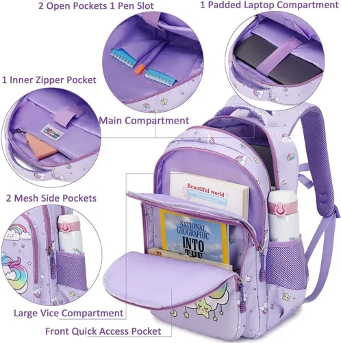 Miniatura 4 de Juego de mochila para niñas y adolescentes, mochila escolar para niños con bolsa para el almuerzo, estuche para lápices, mochilas escolares