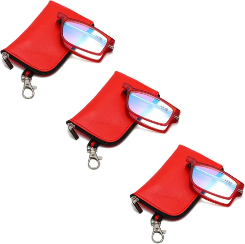 Viseng Gafas de lectura plegables con luz anti-azul para hombres y mujeres con varilla telescópica portátil moda ultra ligera funda de cuero +3.5