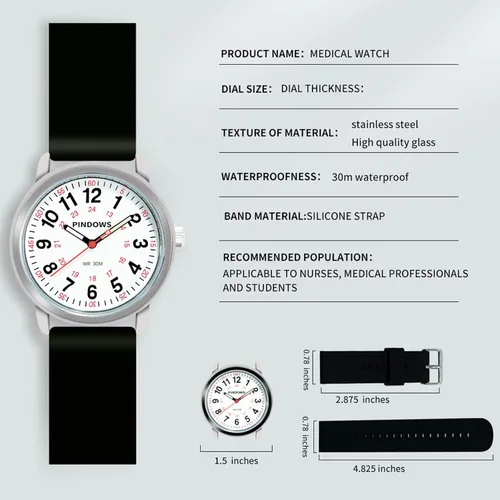 Miniatura 2 de PINDOWS Nurse Watch for Nurses, Doctors, Medical Professionals, Students, Easy to Read Waterproof Women's Men Medical Watch Luminous Dial 1224 Hour