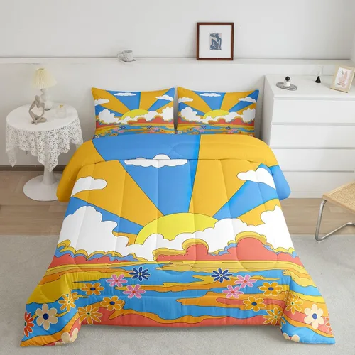 Miniatura 40 de Lindo juego de edredón de flores para niños y mujeres. Juego de ropa de cama de flores coloridas de dibujos animados, tamaño individual, bonito
