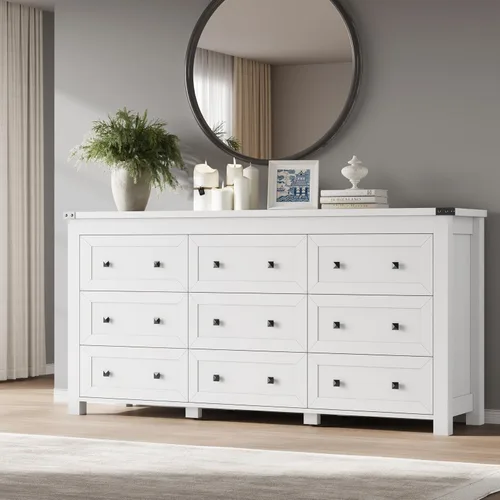 Miniatura 18 de BORNOON Cómoda de 9 cajones, moderna cómoda de almacenamiento de madera, soporte de TV, organizador de cajones de madera con asas de metal