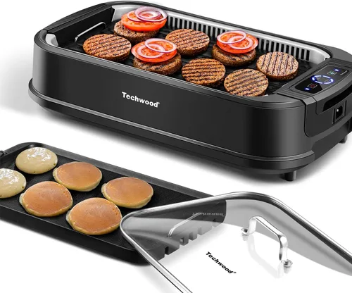 Parrilla sin humo para interiores, Techwood parrilla eléctrica para interiores de 1500W con tapa de vidrio templado, BBQ coreana portátil Negro