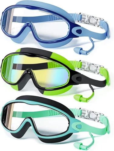 Miniatura 13 de Paquete de 3 gafas de natación para niños, con tapones para los oídos, marco grande, antivaho, UV, visión amplia, para niños y niñas de 4 a 12 años