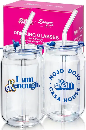 Miniatura 8 de Dragon Glassware x Barbie La Película - 16 oz Tazas de vidrio con tapas y popotes, Juego de 2 - Tazas de café helado con tapas - Vaso de vidrio