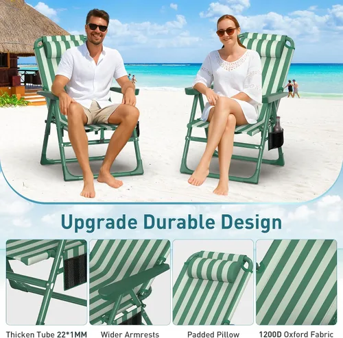 Miniatura 5 de Suteck Sillas de playa tipo mochila para adultos, paquete de 2, silla reclinable plegable de 6 posiciones con bolsa enfriadora y soporte para tazas