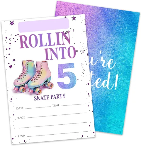 5ª invitaciones de cumpleaños para fiestas de patinaje sobre ruedas para niñas y niños, tarjetas de invitación de patines rosas con sobres, 20
