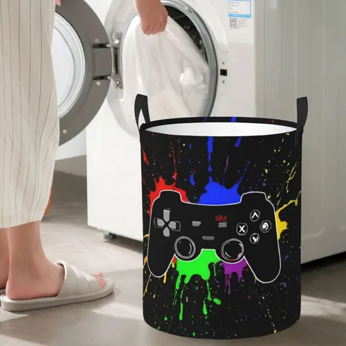Miniatura 6 de Cesta redonda para ropa sucia con temática de videojuegos, cesta de almacenamiento para juguetes, organizador de ropa, para el hogar, baño, Juego #02
