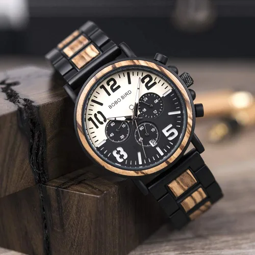 Miniatura 2 de BOBO BIRD Reloj de acero inoxidable de madera para hombre, cronógrafo, relojes de cuarzo